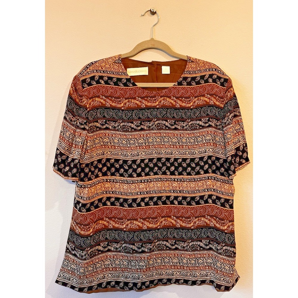 Dana Buchman 100% Silk Button Up Back Blouse Size 16 Vtg Bohemian Tribal C13